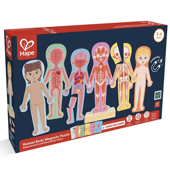 Hape: Human Body Magnetic Puzzle - 68pc - 6 Human Anatomy Cards, Colorful Magnet Jigsaw Pieces, Boy & Girl, Skeleton, Preschool Learning, Kids Ages 3 