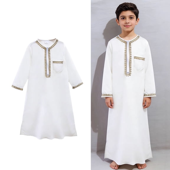 Boys Arabic Thobe Long Sleeve Zipper Embroidered Thobe Ramadan Outfit Boys 6-7 Years Clothes