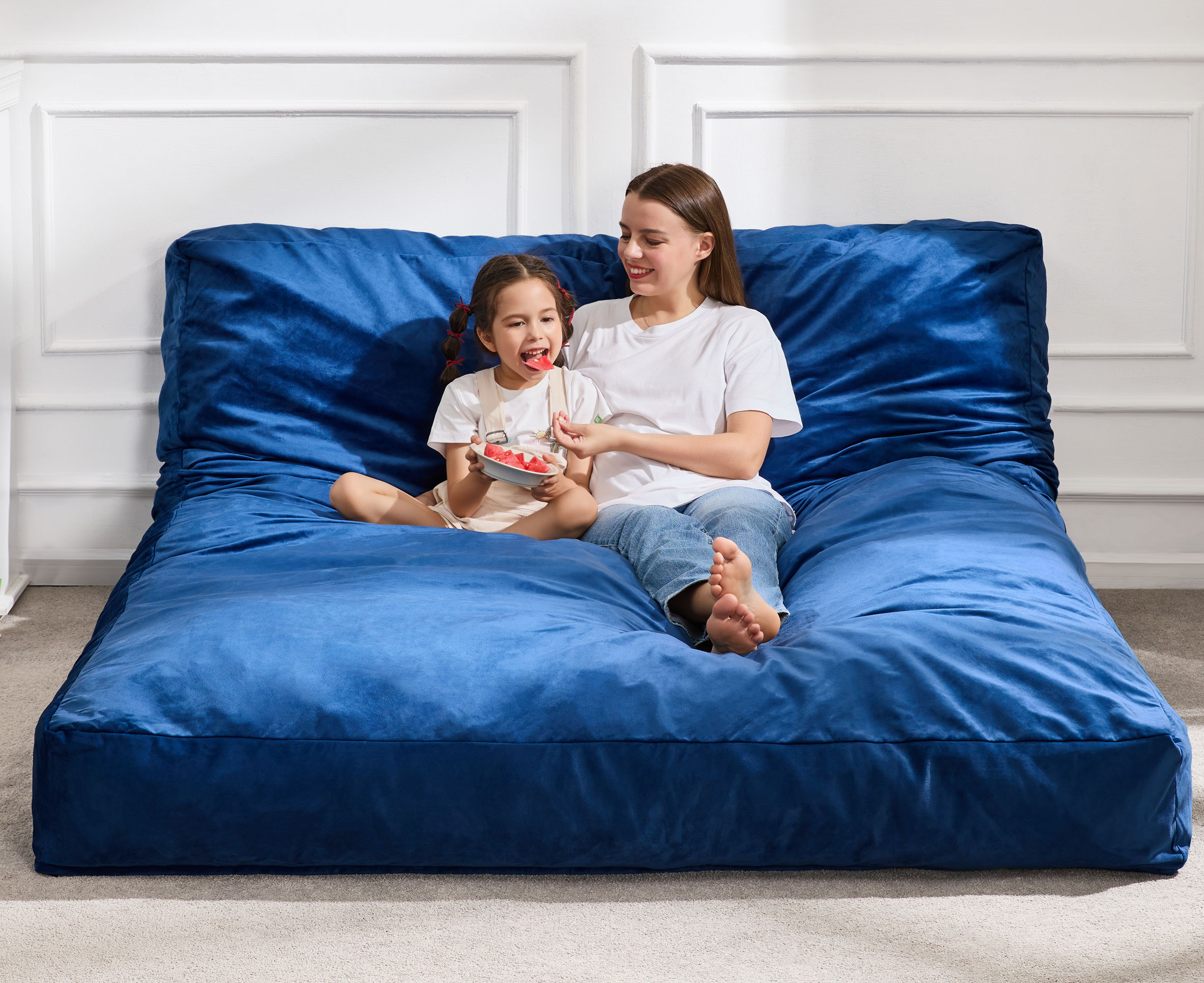 Hobestluk Bean Bag Chair 3 in 1 Beanbag Chairs for Adults, Large Bean Bags with Removable Velvet Cover, Convertible Adult Bean Bag Chair for Living Room, Bedroom, Playroom (Blue, Queen)