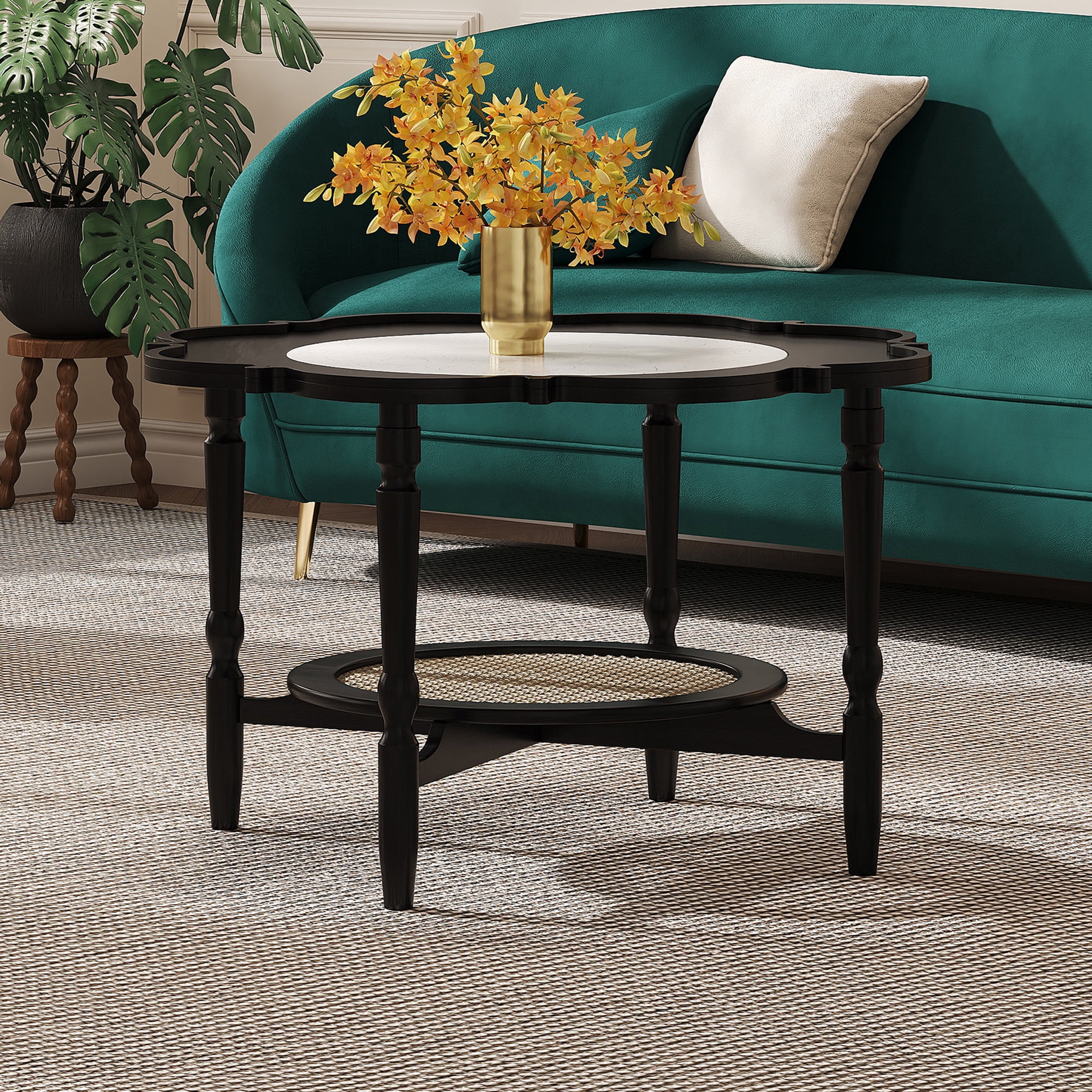 Mid-Century Style Coffee Table with Petal Shape and White Crackle Pattern Glass, 2-Tiered Coffee Table with Rattan, Black, 31.5"