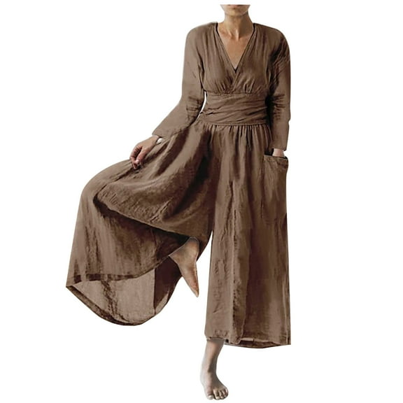 Winter Savings Clearance! Lindreshi Wide Leg Jumpsuit with Pockets Women Casual Solid 3/4 Sleeve Round Neck Cotton Linen Romper Long Playsuit Jumpsuit