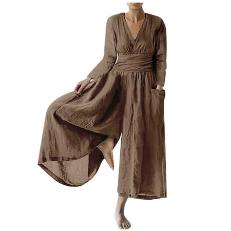 

Holloyiver Jumpsuits for Women Summer DressyLoose Cotton Linen Sets 3/4 Sleeve Square Neck Pleated One Piece Romper Overalls Zipper JumpsuitsBrown