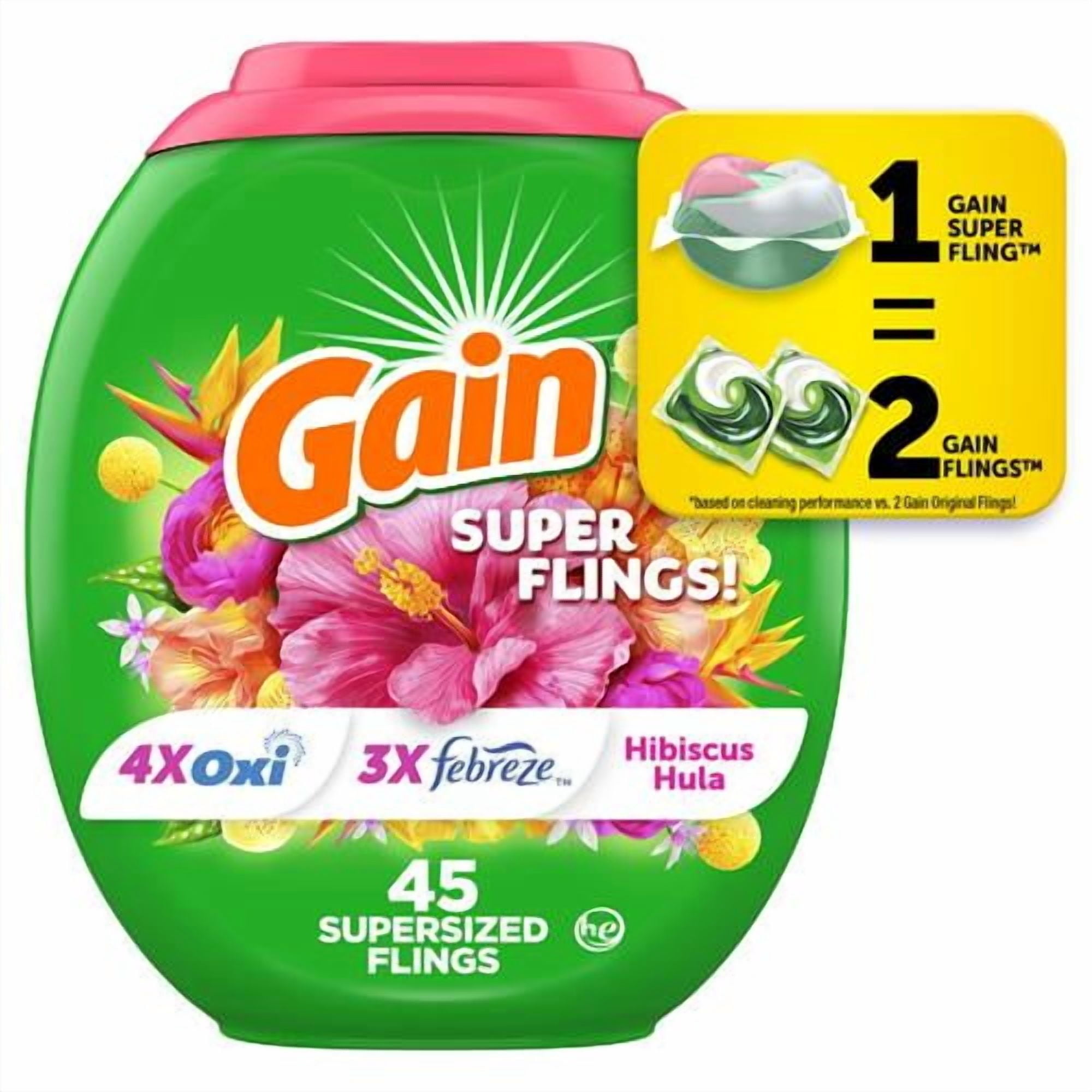 Gain Super Sized Flings Laundry Detergent Pacs, 45 Count, Dewdrop Dream Scent