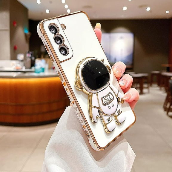 Case for Samsung Galaxy S21 with Astronaut Stand,Luxury Plating Electroplate Case with Camera Protection Cute Love Heart Side Pattern Soft Silicone Shockproof Kickstand Cover-White