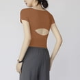 thumbnail image 4 of Nestiefly Womens Short Sleeve Shirts with Built in Bra V Neck Basic Tee Tops Summer Athletic Workout Yoga Padded Shirts Coffee S, 4 of 7