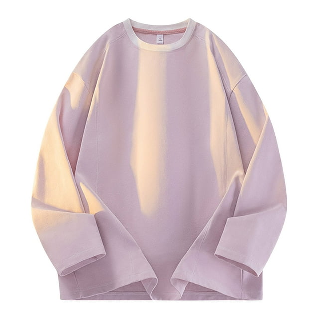 Fengqque Men's Textured Long Sleeve Tee Shirts Solid Color Comfy Basic Blouse Tops Lightweight Casual Loose Trendy Pullover Pink L(L)