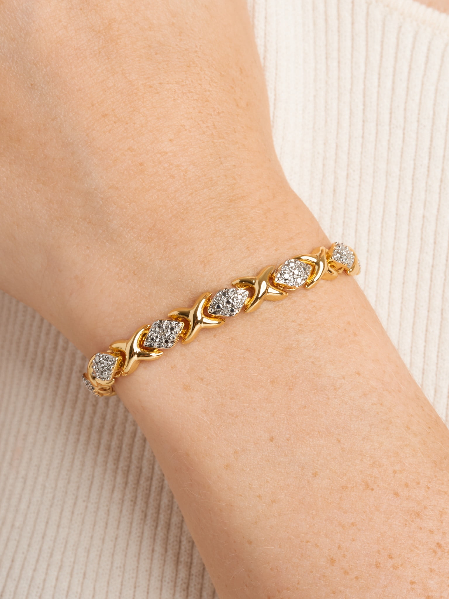 Forever Facets Fine Silver Plated Gold Tone XO Diamond Shape Diamond Accent  Tennis Bracelet, 7.25