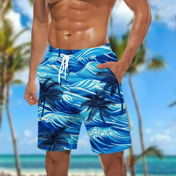 Shorts for Men Hawaiian Print Pockets Casual Elastic Waist Drawstring Beach Shorts Sky Blue XXL