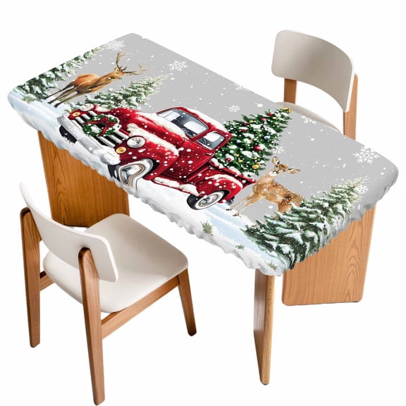 Christmas Truck Table Cloths for 5 Foot Rectangle Tables, Winter Snowflakes Xmas Tree Deer Grey Patio Waterproof Elastic Fitted Tablecloths, Washable Rectangular Table Cover for Camping