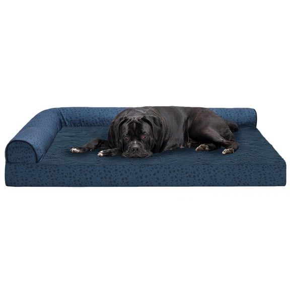 FurHaven Pet Products Plush Faux Fur & Almond Print Orthopedic Deluxe L-Chaise Sofa Pet Bed for Dogs & Cats - Blue Almonds, Jumbo Plus