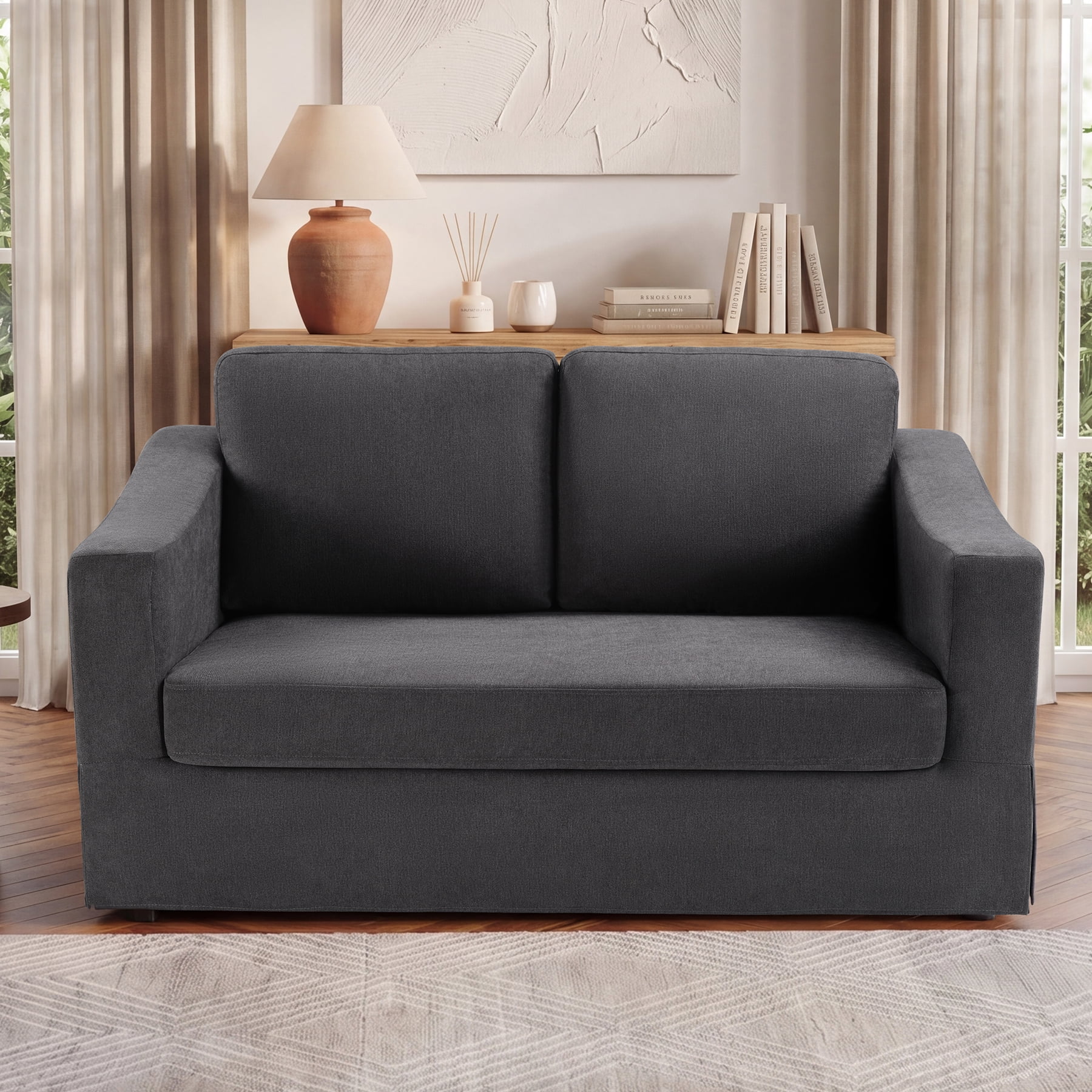 Ebello 2-Seater Loveseat Sofa, Thick Cushion Soft Fabric Upholstered Compact Couch for Living Room, Apartment, Office (Dark Gray)
