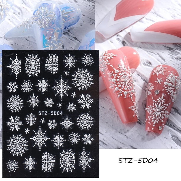 5D Red Christmas Nail Stickers Glitter Embossed Snowflake Gloves Feather Bulb Bells Winter Xmas DIY Engraved Manicure Decoration