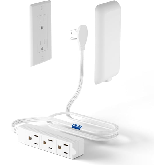 chalian-Flat Plug Power Strip Detachable, 3-Outlet 6ft Ultra Thin White Wall Extension Cord 13A 125V 1625W, Space-Saving,Suitable for Kitchen,TV, Living Room,Bedroom, Narrow Space