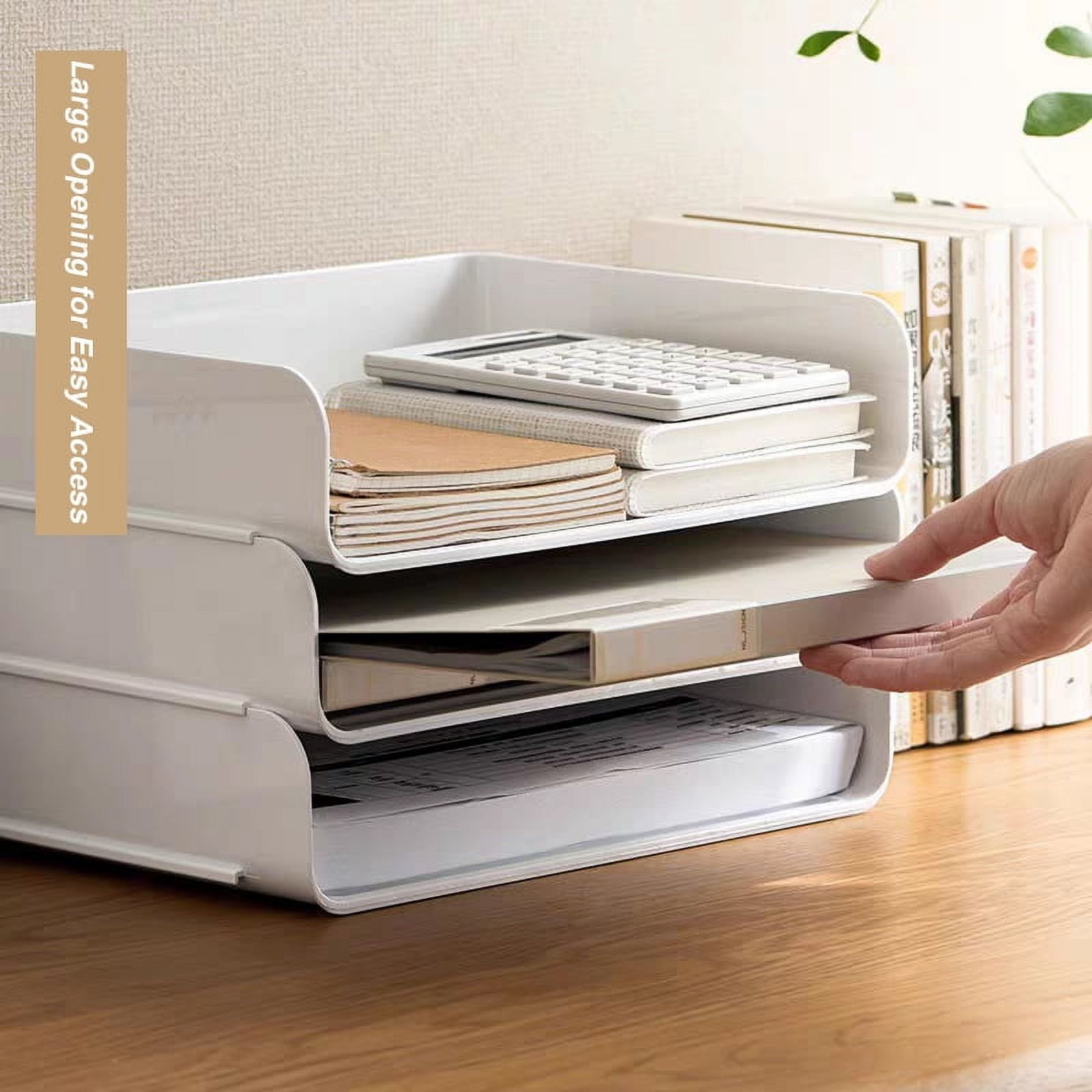 Stackable Paper Trays 4 Pack, Desk Letter Tray Set with 4 File Bags, Stackable Desk Organizer for Books, Magazines, Folders, A4 Size File Paper, Notes, Pens (White)