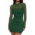 thumbnail image 2 of Women'S Mesh Sheer Long Sleeve Ruched Mini Dress Bodycon Mock Neck Cocktail Party Club Dresses Green S, 2 of 9