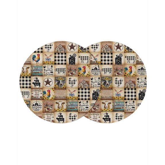 Animals Farmhouse Round 15 Inch Placemats Set of 2, Vintage Farm Country Star Brown Plaid HeatResistant Non Slip Place Mats for Dining Table, Wipeable Braided Kitchen Table Mats for Housewarming