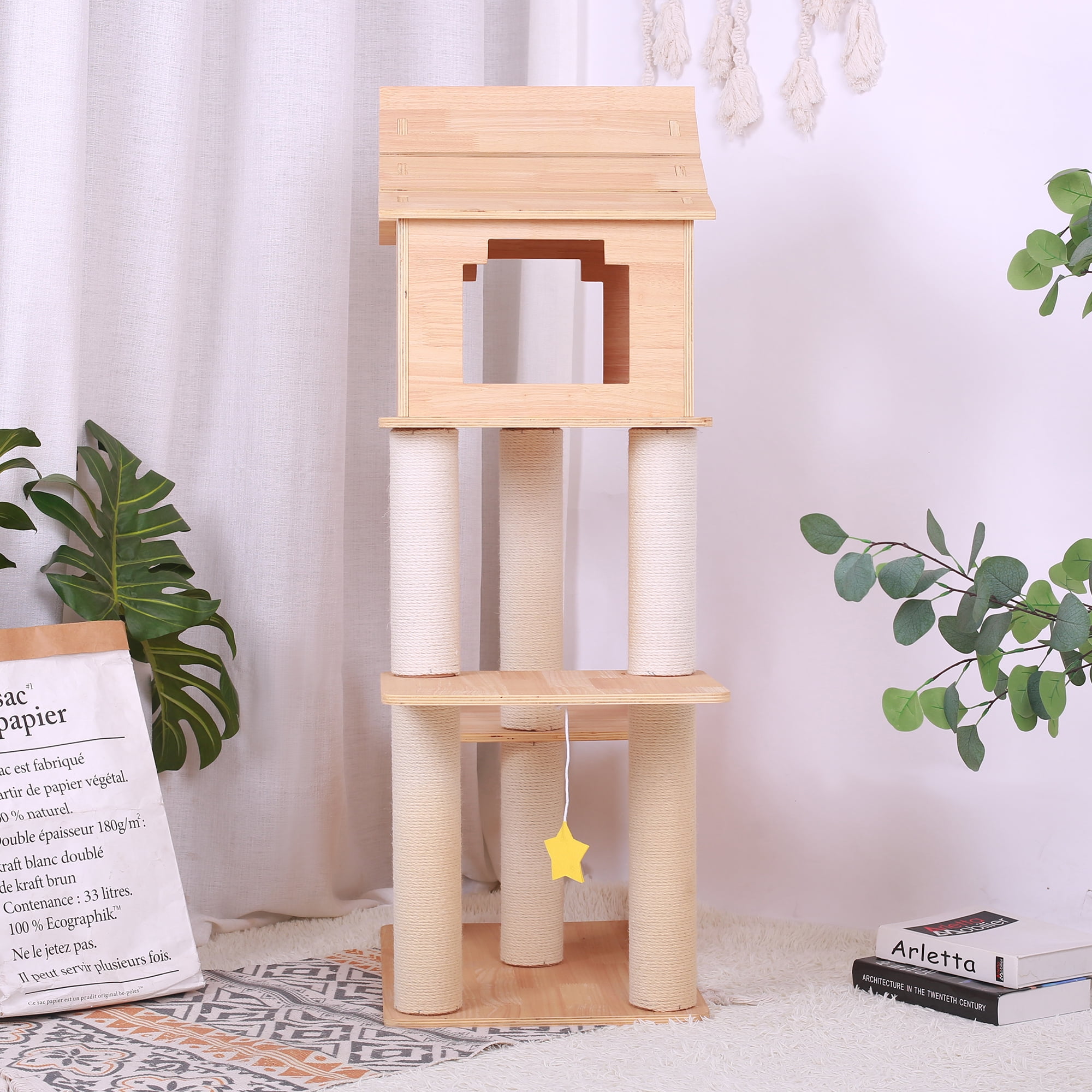 Pefilos 46" Modern Wooden Cat Tree Tower for Indoor Cats, Multi-Level Sturdy Cat Tree Play House Condo with Scratching Posts, Beige Pefilos 46" Modern Wooden Cat Tree Tower for Indoor Cats, Multi-Level Sturdy Cat Tree Play House Condo with Scratching Posts, Beige