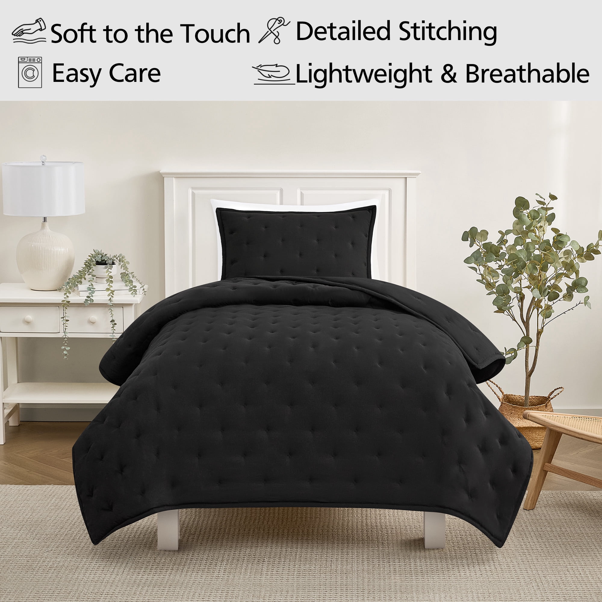 Mainstays Twin/Twin XL Comforter Set, Soft Lightweight & All Season, 2-Piece, Black