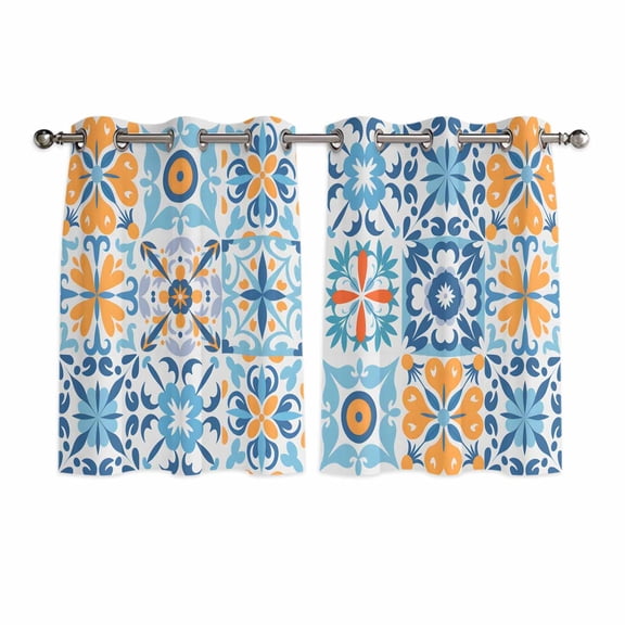 Blue Mediterranean Kitchen Curtains Window Panels, Vintage Moroccan Tiles Texture Insulated Window Treatment Curtain, Grommet Curtains for Bedroom/Living Room/Bathroom, 2 Piece 42"Wx45"L