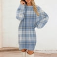 thumbnail image 3 of Women's Round Neck Casual Long Sleeve Plush Plaid Print Dress for Winter Lounging and Casual Outfits,Blue,L, 3 of 7