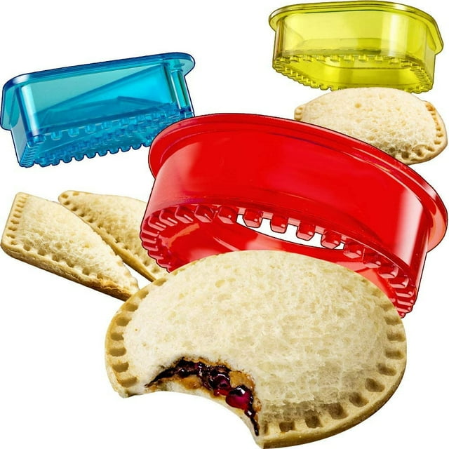Sandwich Cutter and Sealer set with heart, star, and mouse shapes in red, blue, and yellow. Includes crustless sandwiches with sealed edges and jelly filling. Ideal for kids' lunchboxes, bento boxes, and fun meal prep. Stackable for compact storage.