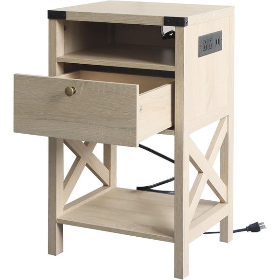 YEXJ Nightstand with Charging Station, Modern End Table with Drawer, Bedside Table with Open Storage-White Oak