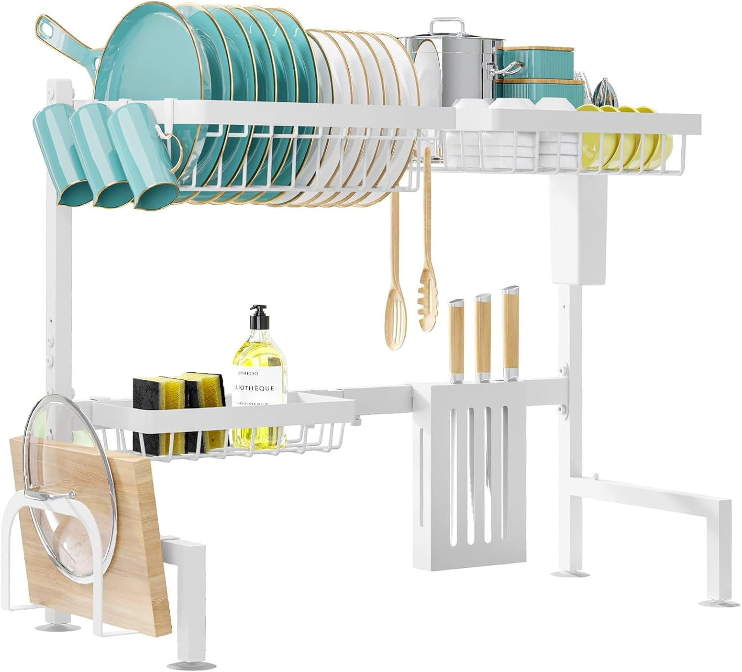 Sakugi Over The Sink Dish Drying Rack - Adjustable 2 Tier Large Capacity Stainless Steel Drainer with Cutlery & Utensil Holders, Kitchen Storage & Organization, 30"-33.9" L x 11" W x 21.5" H, Black