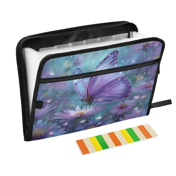 WOBOGO Purple Sparkling Butterfly Expanding File Folder Letter Size Accordion Filing Organizer 13 Pocket Separate Organ Pocket