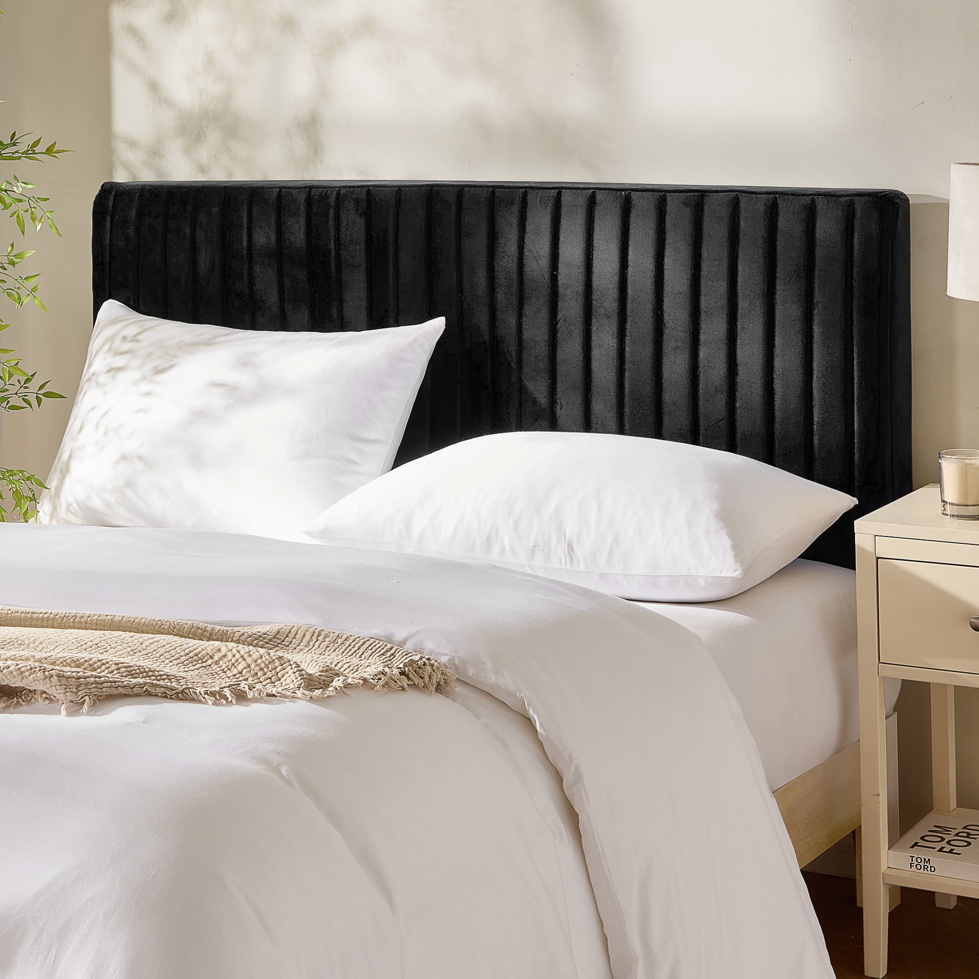 Virtu Twin Headboard No Tools Required Peel and Stick Upholstered Velvet Bed Headboard Only, Black