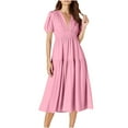 thumbnail image 6 of Ecqkame Summer Dresses for Women 2025 Casual V Neck Cute Puff Short Sleeve Dress Fashion Solid Color Flowy Beach Long Dress 02-Pink XL, 6 of 9