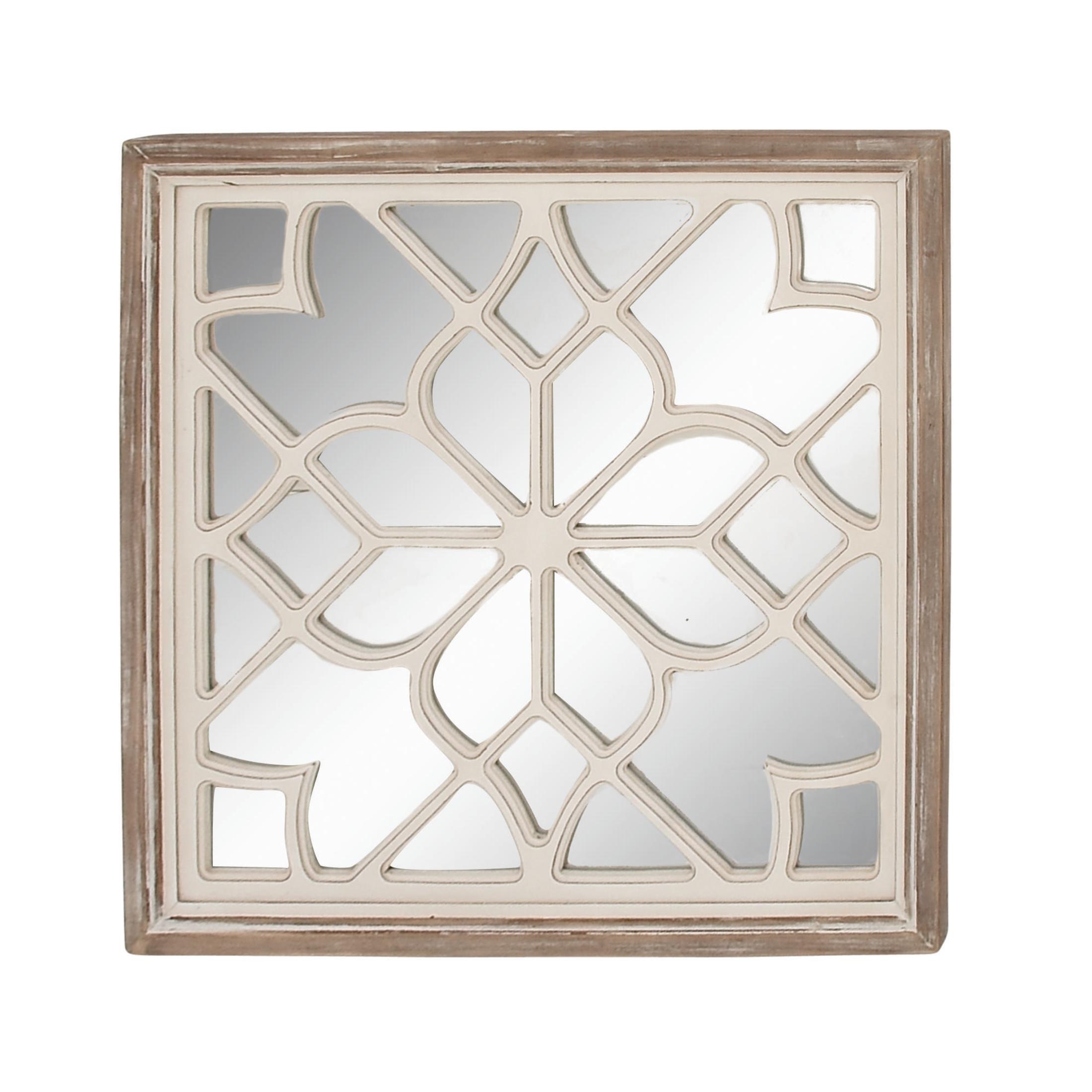 DecMode White Wood Floral Room Wall Mirror with Carved Overlay and Brown Frame, 30" x 1" x 30"