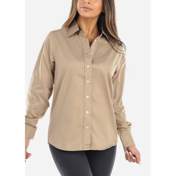 Moda Xpress Womens Button Down Shirt Long Sleeve Career Wear Khaki