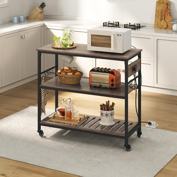 Kitchen Island Cart with Power Outlet, Kitchen Carts on Wheels with Storage, 3-Tier Microwave Stand with Foodpads, Glass and Mug Holders, 8 Hooks, Taupe Wood