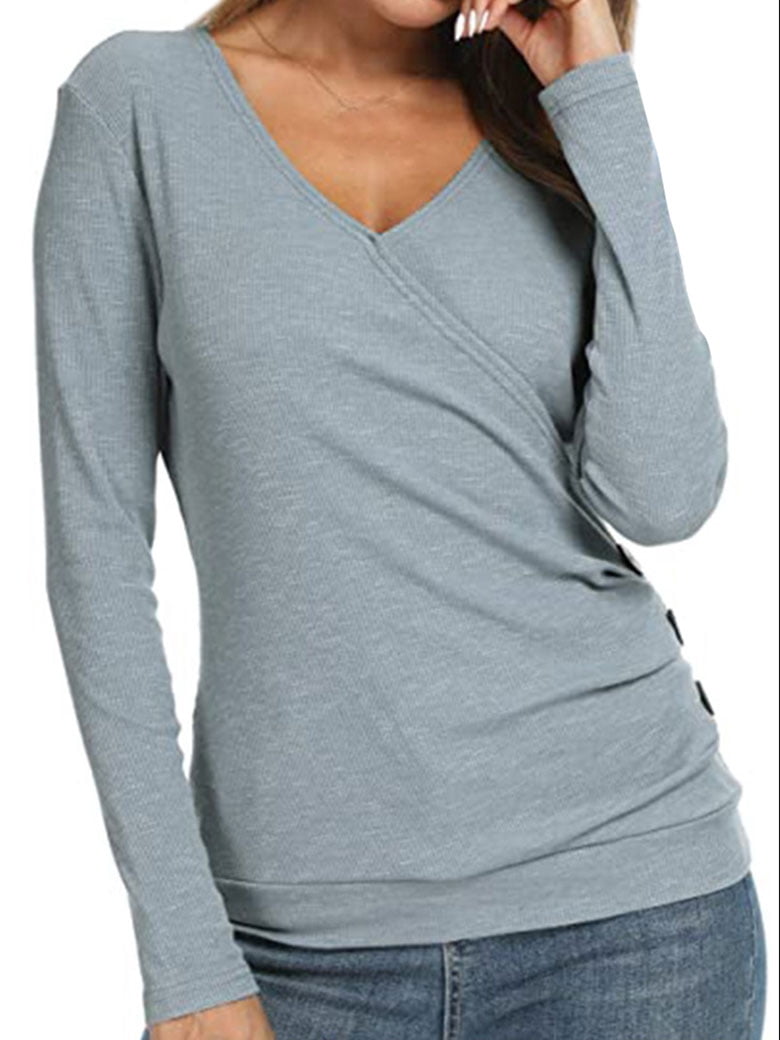 Women Wrap Front Side Buttons Long Sleeve V Neck Plain Shirt