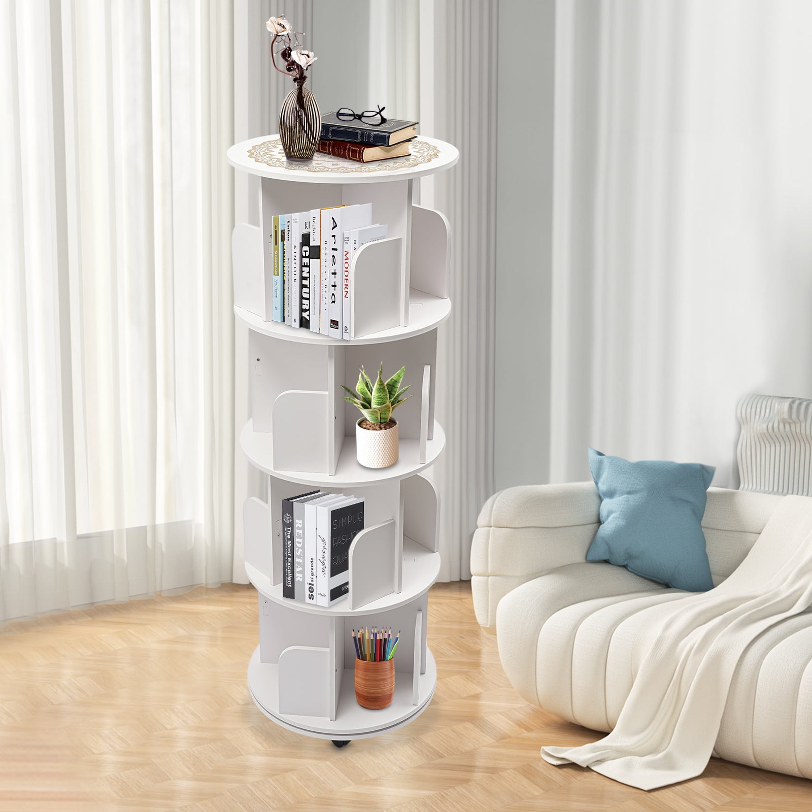 Wildnix Four-Tier Rotating Bookshelf with Stainless Steel Circular Base, &nbsp; Wheels, and Baffles for Organizing Books and Magazines in Style
