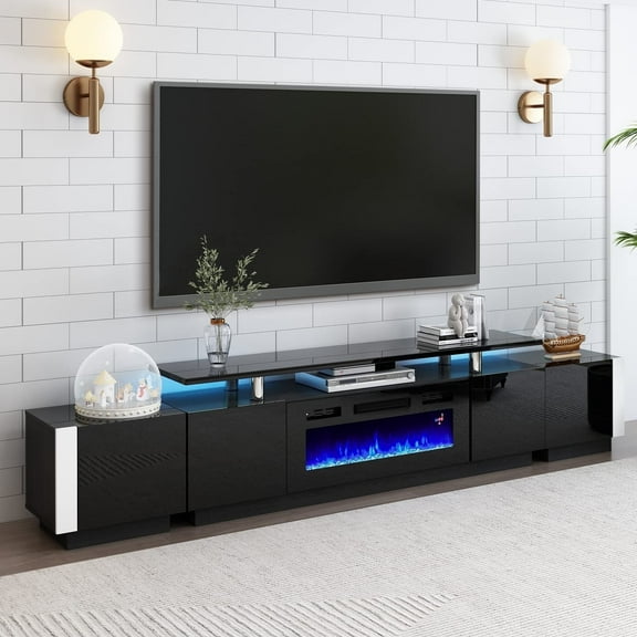 Amerlife 110" Large Fireplace TV Stand Set with 36" Electric Fireplace, Modern High Gloss TV Console Table for 80" TV, Black