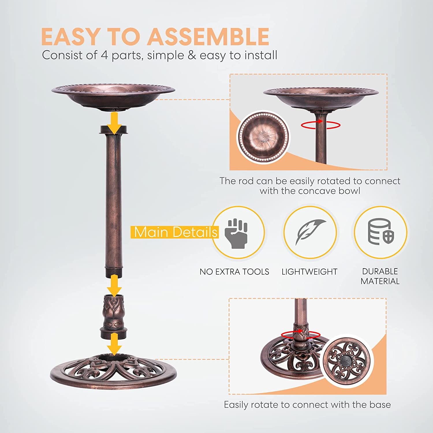 SPECSTAR Bird Bath, Polyresin Antique Outdoor Bronze Garden Birdbath and Solar Powered Round Pond Fountain Combo Set