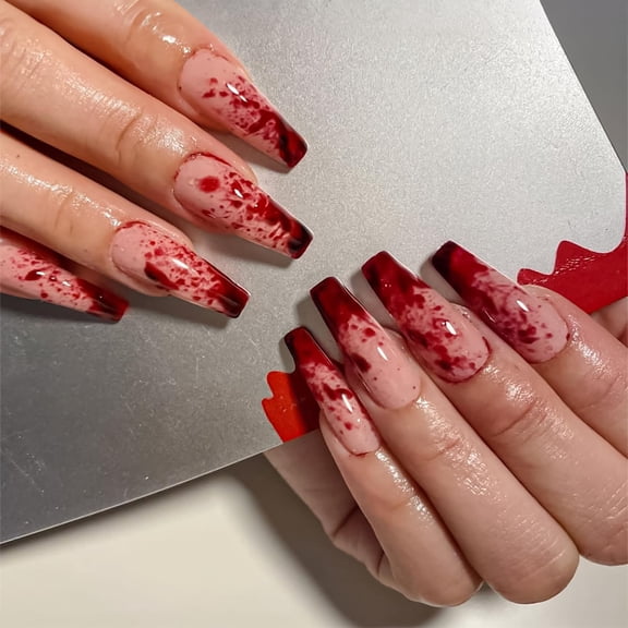24 Pcs Halloween Press on Nails Long Coffin Nude Pink Fake Nails Glossy Full Cover False Nails Bloodstain Nail Tips Stick on Nails for Women and Girls Style 39 0.04 Fl Oz (Pack of 24)