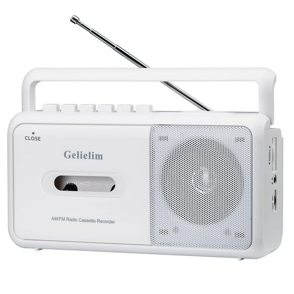 Gelielim Reproductor de casete Boombox, radio portátil AM/FM estéreo, grabadora de reproductor de cinta de casete con altavoz grande y conector para auriculares, grabadora de cinta con batería o alime