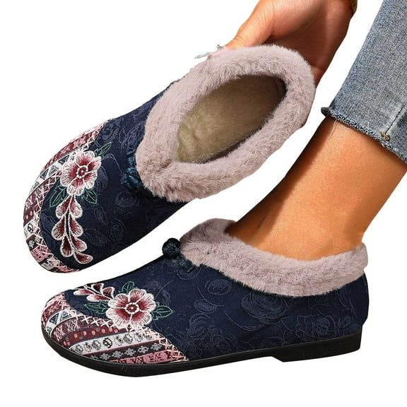 Winter Flats for Women Round Toe Splice Elegant Floral Embroidery Plush Warm Slip on Dress Shoes Casual Low Top Walking Shoes Blue Size 6.5