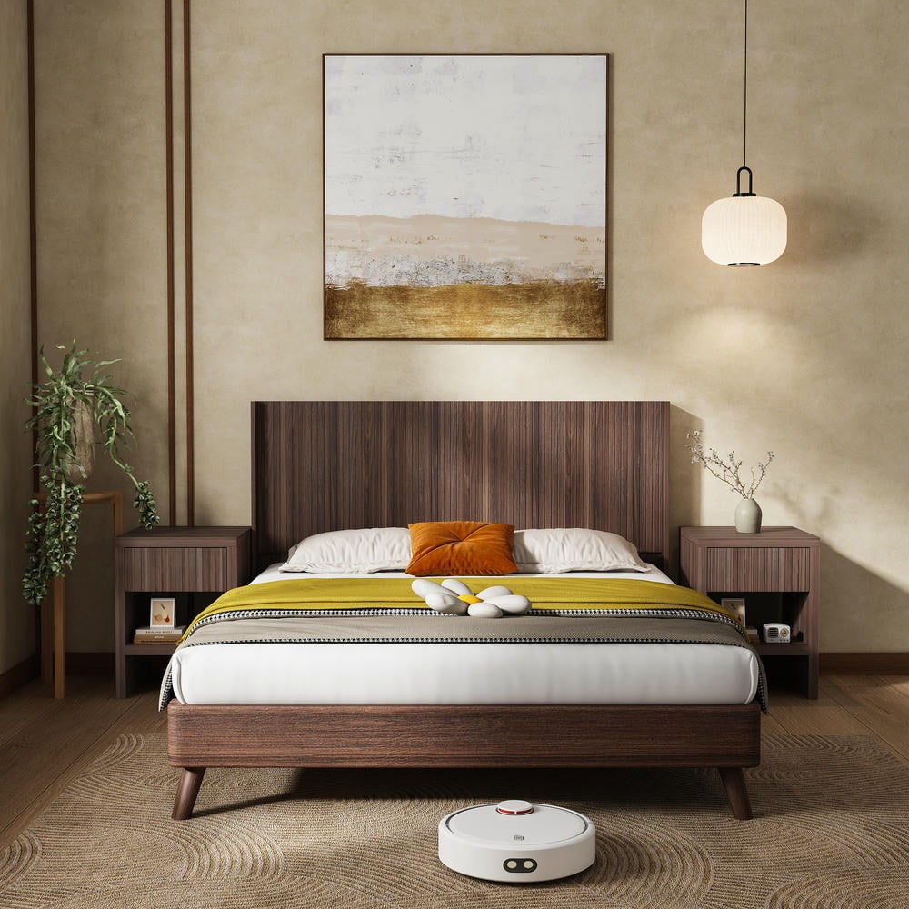 Kadyn Wingback Queen Headboard 64.4 Inch Wide Fluted Wood Panel Modern Farmhouse Boho Style, Wall Mounted Headboard Only, Walnut