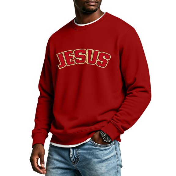 Men's Sweatshirts Crew Neck Long Sleeve Jesus Graphic Workout Pullover Tops Christian Athletic Oversized Basic Trendy Sweatshirts Red 2XL