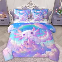 Feelyou Magical Axolotl Child Twin Bedding Sets 7-Piece, Dreamy Princess Castle Bedding Comforter Set, Mystic Sky Stars Reversible Sheet Sets, Lightweight Room Decor