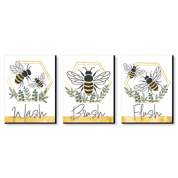 Big Dot of Happiness Little Bumblebee - Bee Kids Bathroom Rules Wall Art - 7.5 x 10 inches - Set of 3 Signs - Wash, Brush, Flush