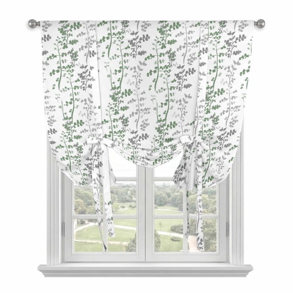 Green Grey Botanical Tie Up Curtains 45 Inches Long, Kitchen Window Curtains Over Sink, Spring Floral Summer Farmhouse Small Window Curtains Shade Balloon Curtains Valances for Bedroom/Cafe 34"x45"