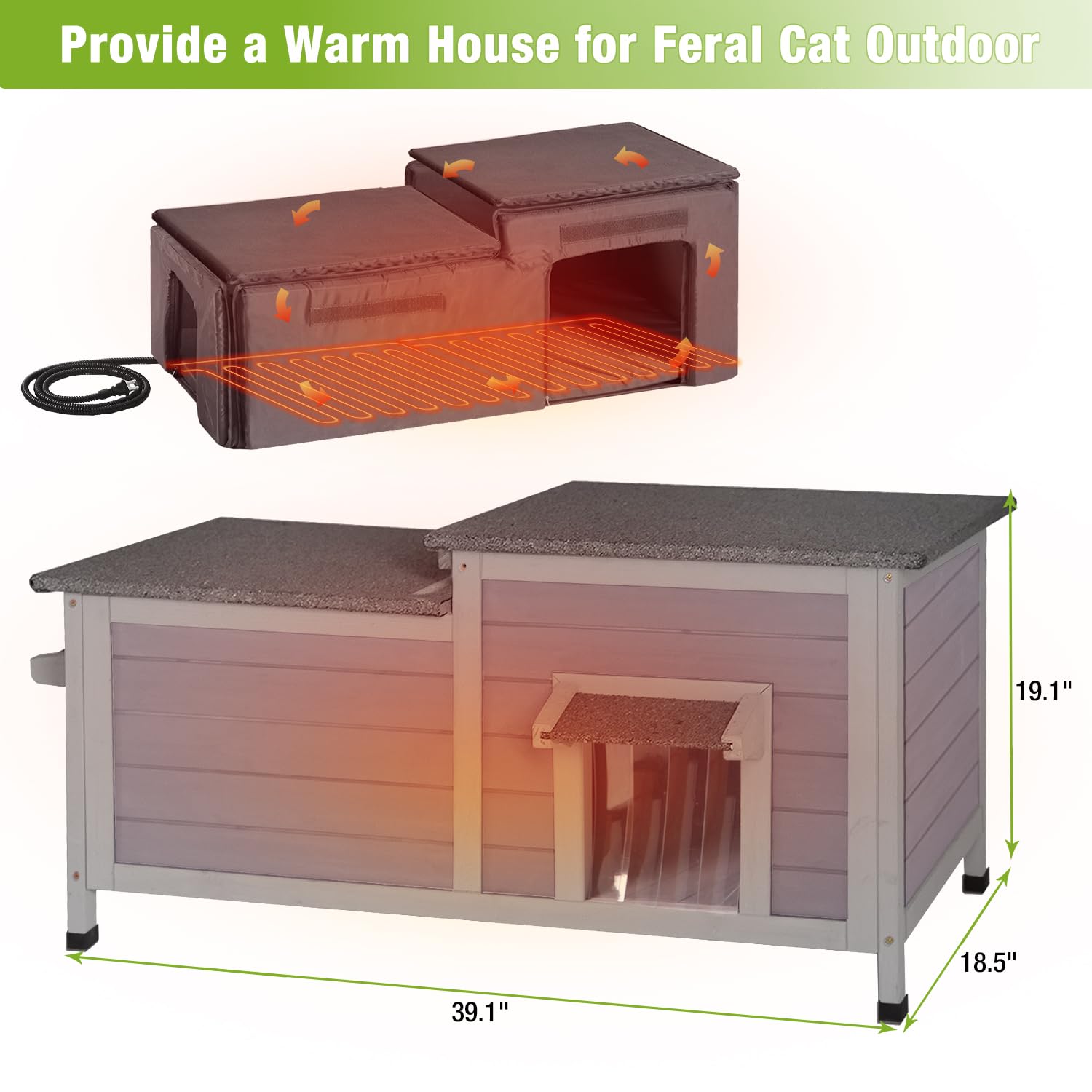 MEDEHOO 39.1"L Heated Cat House with Insulated Liner Outdoor Cat House with Anti-Bite Cable Weatherproof Cat Shelter with Heater Feral Cat House