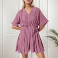thumbnail image 2 of Laipiong Women's Jumpsuit 2026 Summer Casual V Neck Wide Leg Short Sleeve Solid Color Rompers Dressy Stretch Relaxed Fit Beach Outfits, 2 of 4