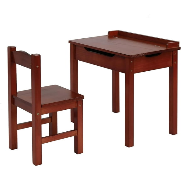 JOYMOR Kids Desk,Wooden Lift-Top Desk and Chair Set, Toddler Table and Chair with Storage for Study & Craft, Brown