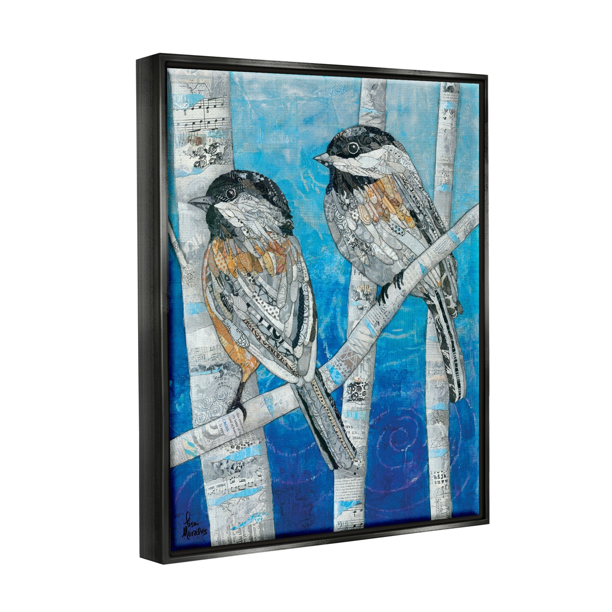 Stupell Industries Chickadees Perched Layered Ephemera Animal Birds Collage Painting Jet Black Floating Framed Canvas Print Wall Art, Design by Lisa Morales