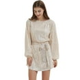 thumbnail image 1 of Robe à Paillettes Scintillantes pour Femme, Manches Longues, Col Ras du Cou, Dos Goutte d'Eau, Mini Robes avec Ceinture, Champagne, Petit, 1 of 5